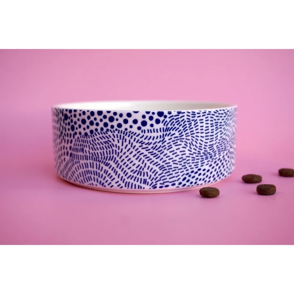 Modern Ceramic Dog Bowl in Blue Dot Pattern